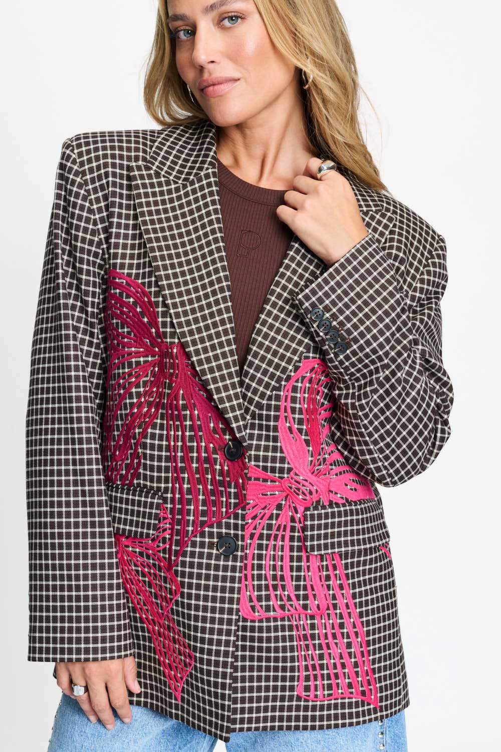 POM Amsterdam Blazers BLAZER - Laurie Bow Check Brown