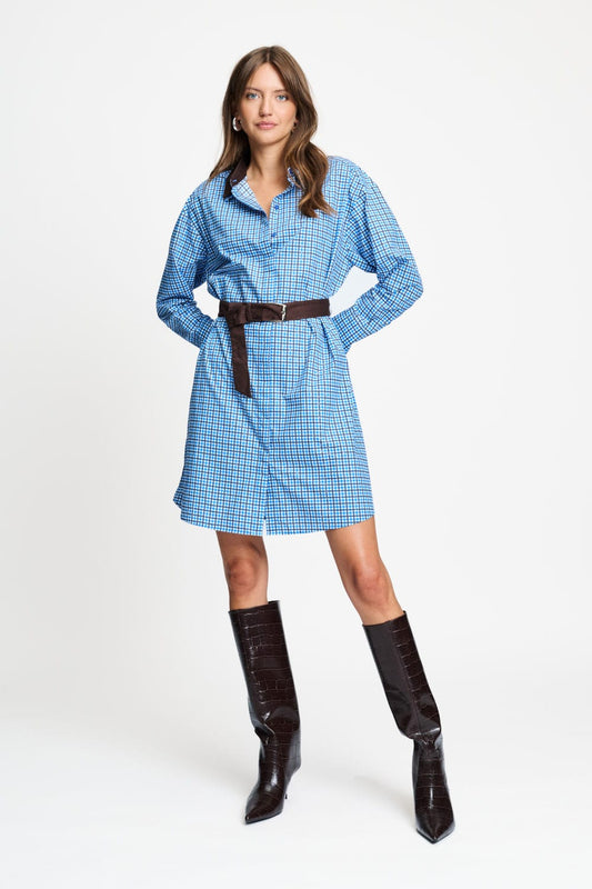POM Amsterdam Dresses Blue / 34 DRESS - Indy Check Sapphire Blue