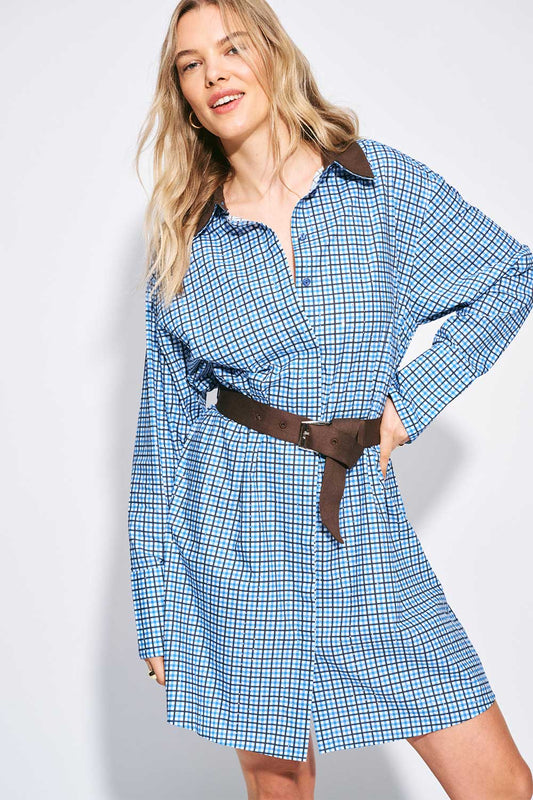 POM Amsterdam Dresses Blue / 34 DRESS - Indy Check Sapphire Blue