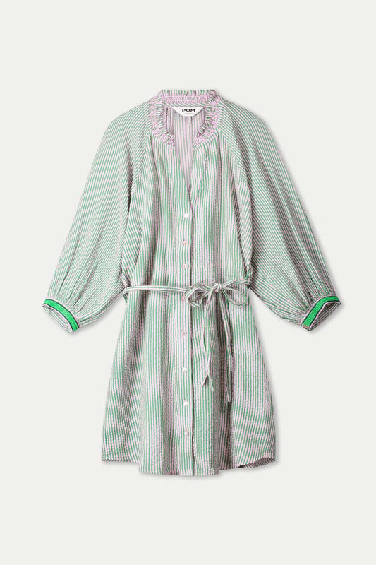 POM Amsterdam Dresses DRESS - Seersucker Green Pink