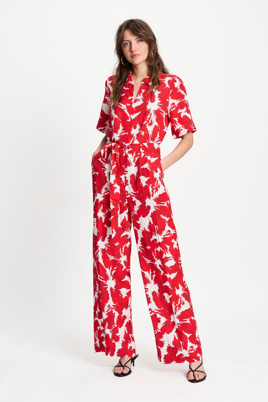 POM Amsterdam Jumpsuits Red / 34 JUMPSUIT - Bubble Bloom Red Linen