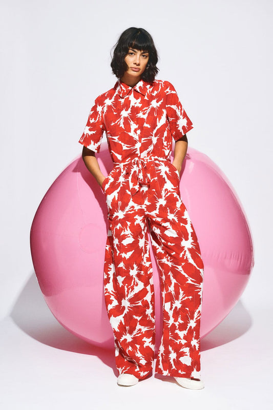 POM Amsterdam Jumpsuits Red / 34 JUMPSUIT - Bubble Bloom Red Linen