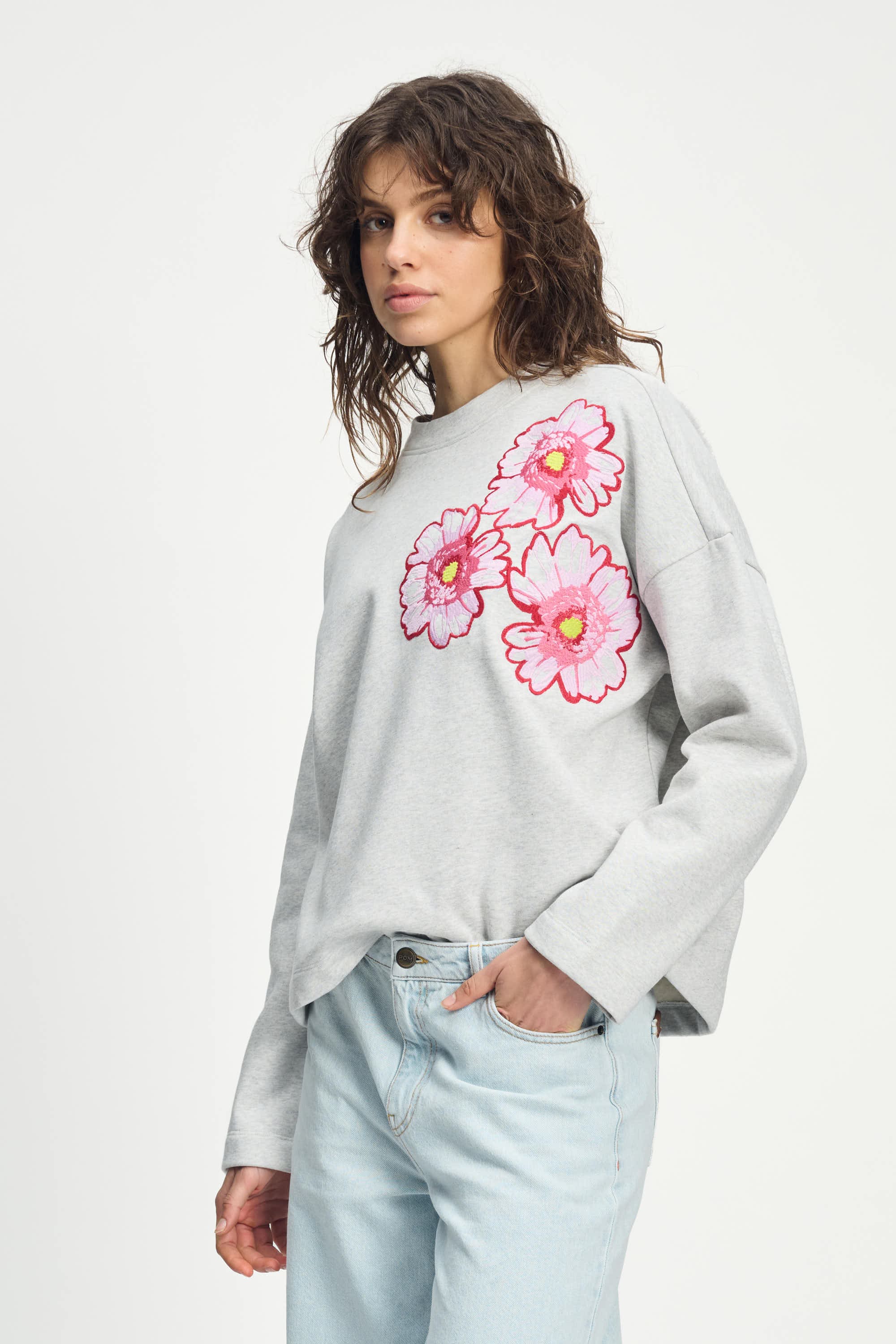 POM Amsterdam Sweaters SWEATER - Floral Grey Melange